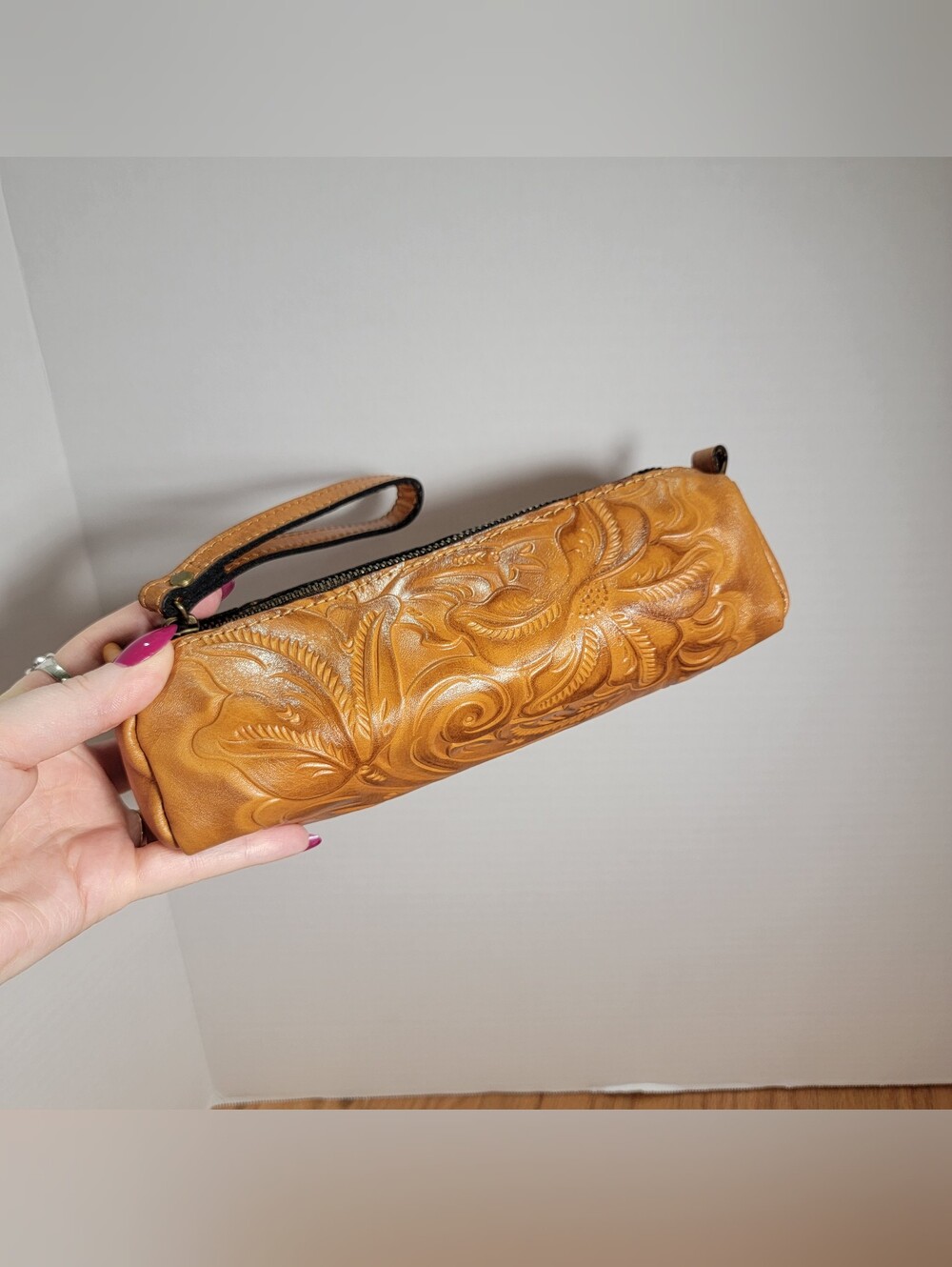 Patricia Nash Tan Tooled Leather Wristlet Clutch